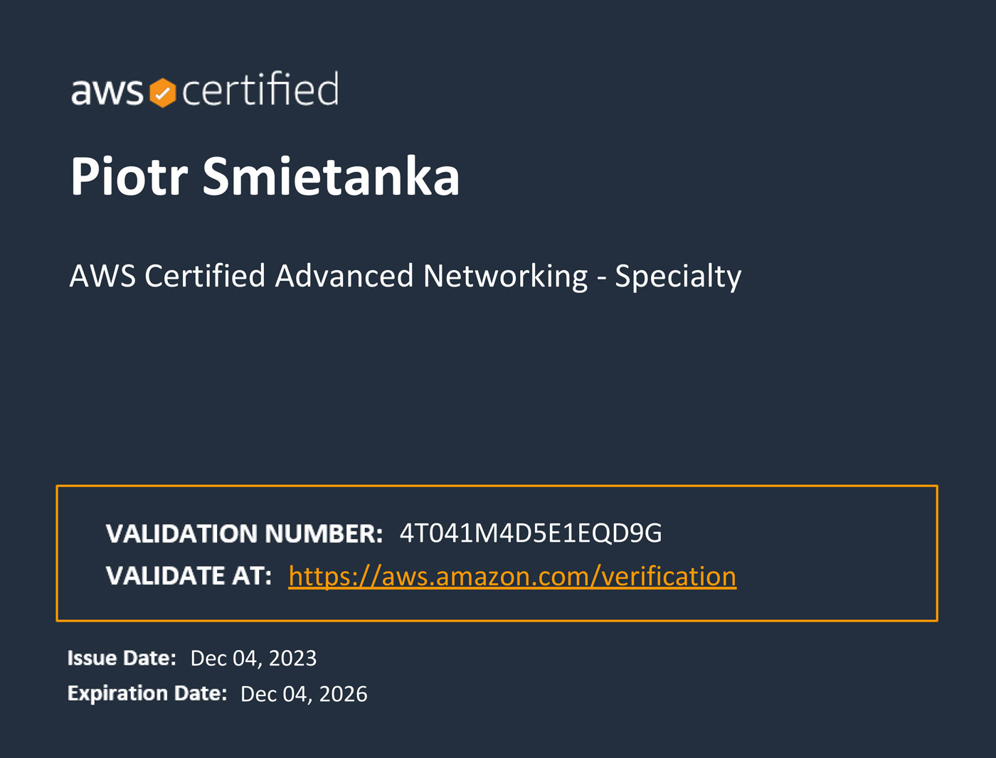 Piotr Śmietanka otrzymał certyfikat AWS Certified Advanced Networking – Specialty