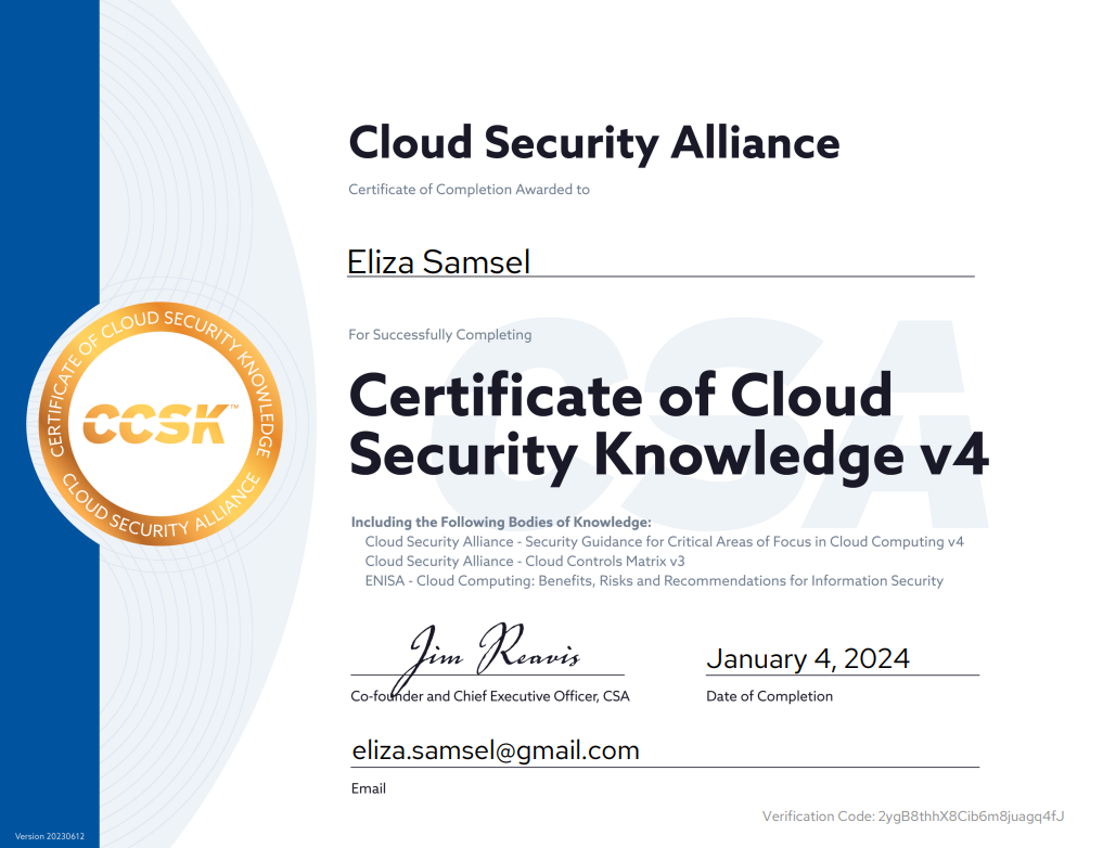Eliza Samsel zdobyła certyfikację Certificate of Cloud Security Knowledge (CCSK)!