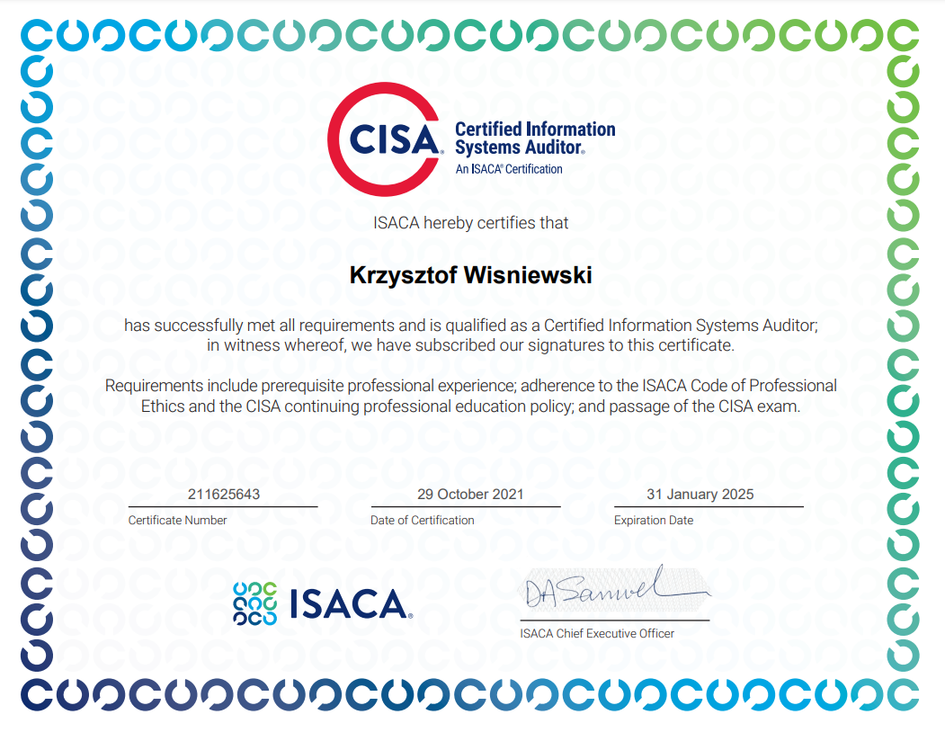 Certyfikat CISA dla Krzysztofa Wiśniewskiego